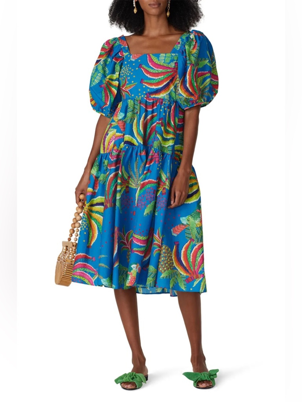 FARM RIO Blue Banana Tiered Midi Dress